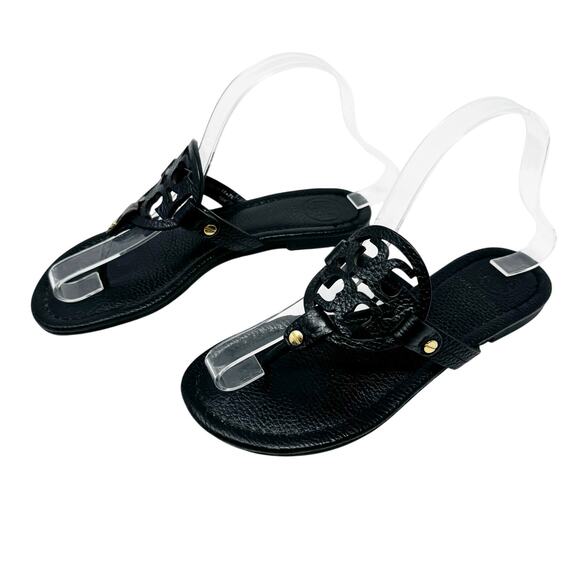 TORY BURCH Black Pebbled Leather Miller Sandals Slides Flip Flops Size 6.5 - Picture 2 of 9